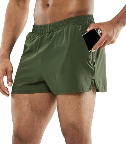 MIER Laufshorts für Herren, 7,6 cm, schnelltrocknend, leicht, wasserabweisend, Sportkleidung, mit Reißverschlusstaschen, armee-grün, Mittel