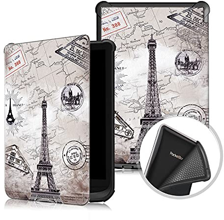 INSOLKIDON Coque pour Pocketbook Touch Lux 4 / Touch Lux 5 / Basic Lux 2 / Touch HD 3 Étui Coque en Cuir avec Support Housse de Protection avec Fonction Sommeil/Réveil Automatique (Tour de Fer)