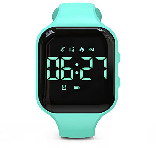 Focwony Non-bluetooth Led Fitness tracker watch,Digital Pedometer watch,with Step Counting/Distance/Calories/Stopwatch/Alarm Clock, Great Gift for Kids Teens Girls Boys Xmas (Square - green)