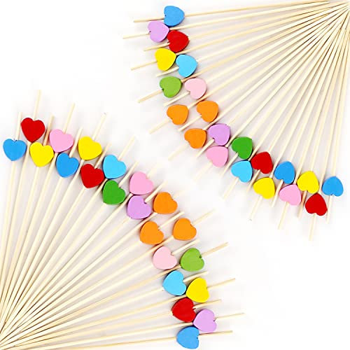 SANOU Batons de Cocktail Bâtonnets Cocktail Bambou 100PièCes Coeur Brochettes Cocktail pour Cocktails Fruits Ssalades Gâteaux Apéritifs Fête 12 cm