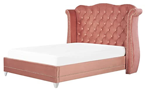 Bett Samtstoff im Chesterfield Stil hohes Kopfteil rosa 140 x 200 cm Ayette