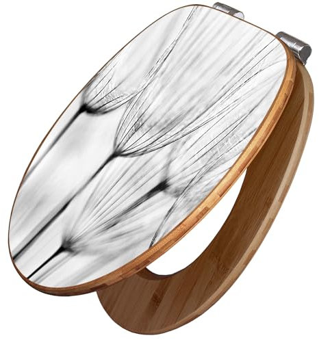 banjado Design WC Sitz Bambus Absenkautomatik 45,8x37,5cm / Toilettendeckel mit Absenkautomatik Holz/hochwertiger Bambus Klodeckel/WC-Sitz für gängigen Toiletten/Motiv Pusteblumen SW
