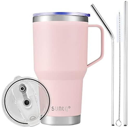 SUNTQ 30oz 850ml Tumbler mit Griff - Wiederverwendbare Reise Kaffee Tasse mit Stroh, Deckel - Doppelwandige Vakuum Isolierte Kaffeetasse - Thermische Tasse aus Edelstahl(Rosa)