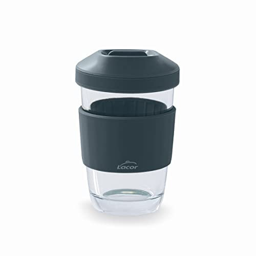 LACOR - 63138 - Vaso de Vidrio Borosilicato con Tapa - Antideslizante - Reutilizable - Apto para el lavavajillas - 280ml