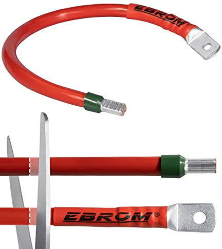 EBROM Câble de batterie Plus 50 mm² rouge, complet, de 30 cm à 10 m, plusieurs longueurs + œillets/cosses M6/M8/M10/M12 + embout de câble opposé, votre choix de 50 mm², cosse de câble M8 de 50 cm +