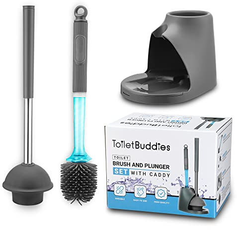 ToiletBuddies Toilet Brush & Plunger Set, Bathroom Accessory - Toilet Bowl Brush and Holder, Refillable Liquid Dispenser Brush - 2 in 1 Silicone Toilet Brush & Plunger Set