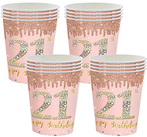 16 PCS Gobelets Jetables Anniversaire,Gobelets Carton Jetables Decoration Anniversaire 21 Ans,Kit Vaisselle Jetable Anniversaire Homme/Femme,Joyeux Anniversaire Decoration Anniversaire Rose et Or