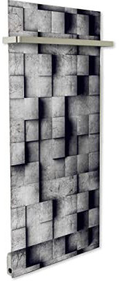 ILO/Sèche Serviette Électrique Rayonnant Mural /750w/ +28 Motifs, Esthétique/2 Barres Incluses/Extra Plat Verre/ IP44/ Vertical/WI-FI Connecté, Silencieux,Éco/Made In France/Béton 3D