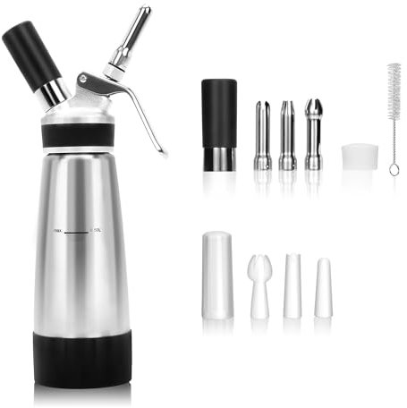 BIEAMA Sahnespender, 500 ml, verbesserter Edelstahl, 6 Spritztüllen, auslaufsichere Dichtungen, Schlagsahnebereiter für Desserts, Saucen, Schokolade, kein N2O-Ladegerät
