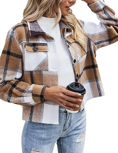 Zeagoo Cropped Jacket Womens Flannel Wool Blend Plaid Button Down Shirt