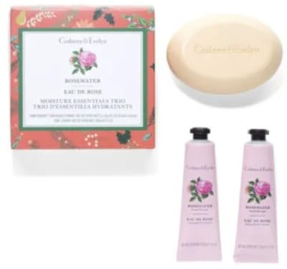 Crabtree & Evelyn Rosewater – Moisture Essentials Trio Geschenkset, 184 ml Seife und 2 x 0,9 g Handtherapie