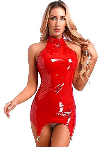 TiaoBug Damen Wetlook Lack Leder Kleid Slim Fit Bodycon Minikleid Strapse mit Strumpfhalter Gogo Tanz Outfits Clubwear Rot Neckholder M