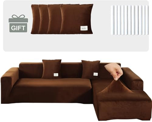 TOPCHANCES Samt Sofabezug 1 2 3 4 Sitze,Sofabezüge Ecksofa L Form,Sofa Überwürfe Stretch Couchbezüge mit 4 Kissenbezügen Universal für Couch Cover Möbelbezug(3+3 Sitze,Braun)