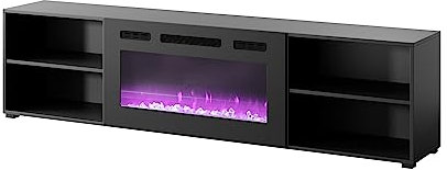 Meuble TV 200x51x33 cm Noir Mat ROLLI avec cheminée intégrée Noir Meuble Hi-FI à susprendre ou á Poser