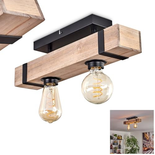 HOFSTEIN Deckenleuchte Montgomery, moderne Deckenlampe aus Metall/Holz in Schwarz/Natur, rustikale Leuchte im industrial Design mit Holzbalken, 2-flammig, 2 x E27, Vintage Holzlampe Schlafzimmerlampe