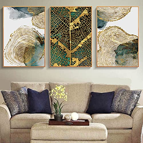 HEHGVCF 3er Abstrakt Poster Gold Grün Pflanze Leinwand Bilder Set 50x70cm - Vintage Wohnzimmer Wanddekoration Ungerahmt