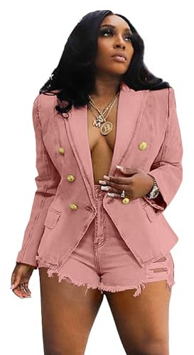 Damen-Jeansjacke, lässig, Büro, Blazer, drapiert, vorne offen, Cardigans Jacke, Arbeitsanzug, Pink, S