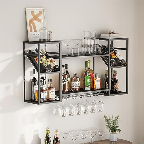 KaKaBB Metal Floating Bar Liquor Shelves 2 Tier, Wall Mounted Wine Rack with Glass Holder Storage, Wall Bar Shelf Wine Display Storage Holder for Kitchen Dining Room Bar (Black)