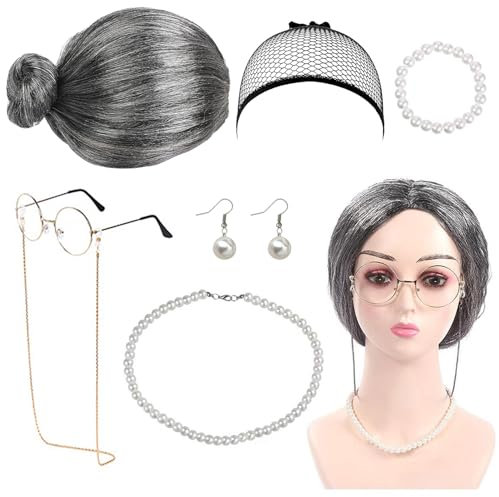 DONGSZQ Alte Dame Cosplay Set, 7tlg Großmutter Kostümzubehör mit Oma Perücke Perückekappe Omabrille Brillenketten Armband Perlenkette Ohrringe für Halloween Karneval Mottoparty Fasching Deko