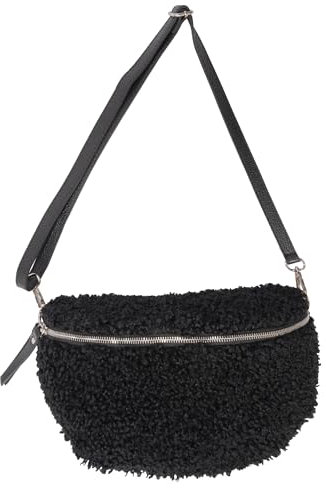 Lolus Damen Crossbag Schultertasche Umhänge Tasche in Gr. L Gürteltasche Crossbody Bag Teddy Stofftasche - Fluffy (Schwarz)
