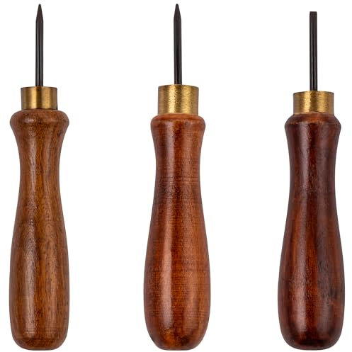 Hardys 5 (127mm) 3 Piece Bradawl Set - Scratch Awl Hand Tools with Easy-Grip Wooden Handles, Carbon Steel Heads - Awl Tool for Carpentry, DIY, Joiners - Square, Round, Chisel Pont
