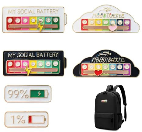 My Social Battery Badge, 6PCS Social Battery Pin Enamel Mood Pin Badges Adjustable Funny Introvert Badges My Social Battery Brooch Pin Emo Accessories for Men Women Gift