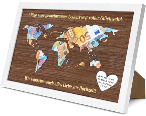 Luckeey Geldgeschenk Hochzeit, Personalisierte Hochzeitsgeschenke für Brautpaar, Bilderrahmen Weltkarte Geldgeschenk Verpackung, Hochzeitsgeschenk Geld für Brautpaar