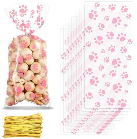Geschenktüten mit Hunde-/Katzenpfoten-Motiv für Haustier-Mottopartys, rosa Süßigkeiten, Party-Geschenktüten, rosa kleine Zellophan-Partytüten für Mädchen, Jungen, Kindergeburtstagsdekorationen,