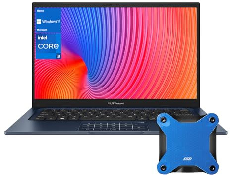 ASUS Ordinateur portable Vivobook 14 FHD, Core i3-1215U, 8 Go de RAM, 128 Go SSD, bleu silencieux, Windows 11 Home + chiffon de nettoyage