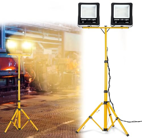 FIVMEN Baustrahler 2x200W 16000LM LED Strahler Arbeitsleuchte mit Verstellbarer Stativ und 3m Kabel Stecker Baulampe Arbeitsscheinwerfer Wasserdicht IP66 für Garage Werkstatt Baustelle, Warmweiß