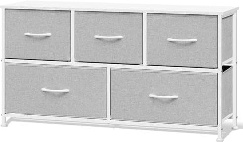 WOLTU Kommode mit 5 Schubladen aus Stoff, Kommodenschrank Sideboard TV-Schrank, für Wohnzimmer Schlafzimmer Flur, aus Metallrahmen Holzwerkstoff, Hellgrau+Weiß, SSK005hgws