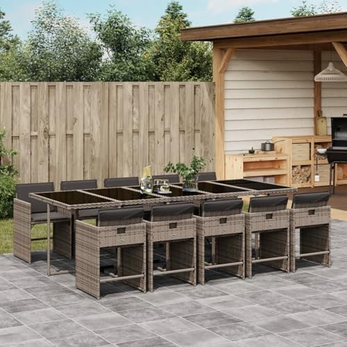 Homgoday Gartenmöbel, Tisch und Stühle für den Außenbereich, 11-teilig, mit Kissen aus Polyrattan, grau, Modell 3211112