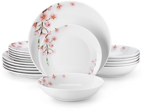 VEWEET ANNIE 18-teiliges Geschirrset 6 Personen, Modernes Porzellan Geschirr Set, Tafelservice Kombiservice mit je 6 Speiseteller, Dessertteller und Suppenteller, Teller Set 6 personen