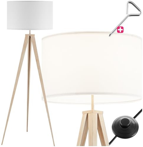 tectake® Dreibein Stehlampe, Lampe im retro boho Stil, gemütliches Ambient Light für Schlafzimmer, Wohnzimmer, als Esszimmerlampe, Lampenschirm in Leinenoptik, modern skandinavisch - eiche