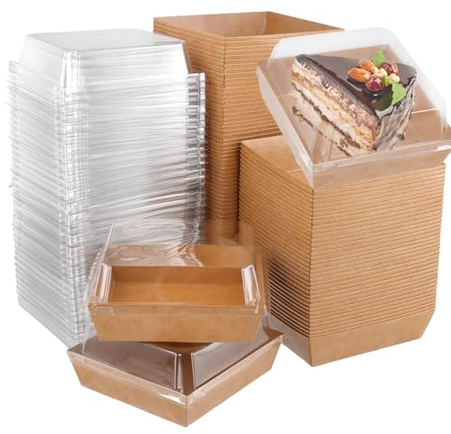 MUKSUET 100 PCS Cake Slice Boxes, 13.5 x 12.5 x 6 cm Square Kraft Paper Cake Boxes with Plastic Clear Lids, Brown Dessert Boxes for Cupcakes, Sandwiches, Cookies