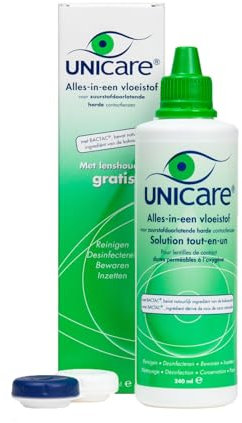Unicare All-in-One-Lösung für harte Linsen | 200 ML | Natürliche antimikrobielle Wirkung | Kostenloser Monatslinsenbehälter | 90 Tage Frische | Kompatibel mit allen harten, RGP-Linsen | Hygiene