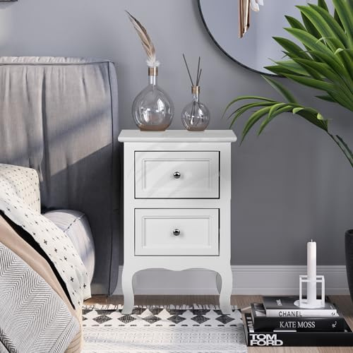 Bonnlo Table de Chevet Blanche，Table de Nuit avec 2 Tiroirs，Polyvalent, Commode Chambre, pour Salon Chambre Salle de Bain Bureau, 40 x 30 x 60 cm