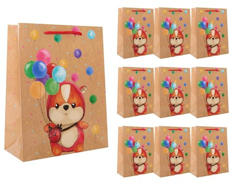 Idena 90242 - Geschenktüten Happy Birthday Teddybär, 10 Stück, Geschenktaschen in der Größe 18 x 23 x 8 cm, Papiertüten mit Teddy und Luftballons