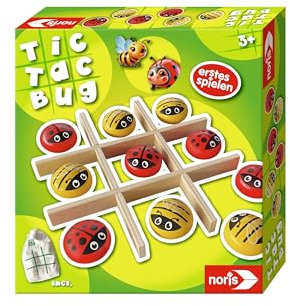 Noris 606012102 - Tic Tac Bug Spiel (Kinderspiel ab 3 Jahre) - Spiele-Klassiker Tic Tac Toe mit niedlichen Tieren aus Holz inkl. Beutel zum Mitnehmen, 2 Spieler, Spielzeug für Kleinkinder & Kinder