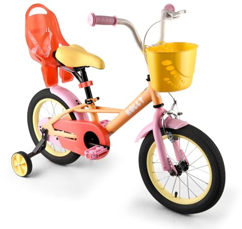 RULLY Girls Bike for 4 5 6 7 Years Children, 16 Inch Toddler Bicycle with Training Wheels, Doll Seat, Basket, Handbrake for Girls & Boys, Pink