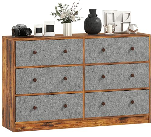HOMCOM Chest of Drawers, Wide Dresser with 6 Fabric Drawers and Steel Frame for Bedroom, Living Room, Hallway, Grey and Rustic Brown