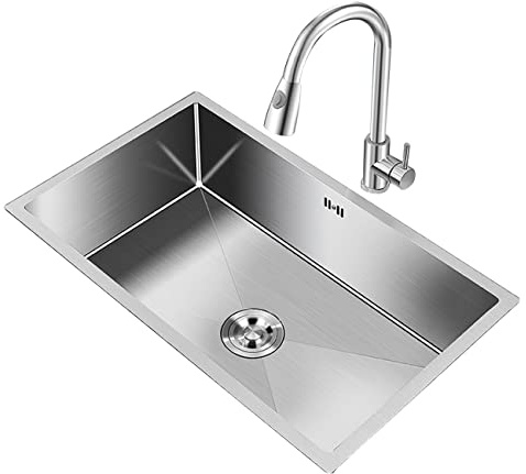 Silver Single Sink Kitchen Bar Sink Balcony Stainless Steel Laundry Sink Washbasin with Faucet Undercounter Recessed Sink with Accessories