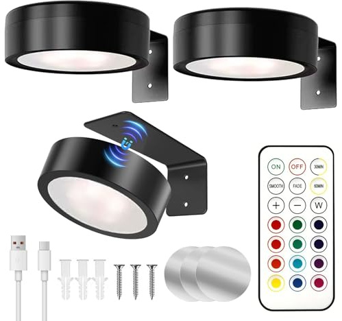 JIMACRO 3 Stück Magnetisches LED Malerei Licht, RGB Aufladbar LED Spot mit Fernbedienung, Lichter Schlafzimmer Wohnzimmer Bildbeleuchtung Leuchte, Vitrinenbeleuchtung Kabellos für Bilderrahmen Bilder
