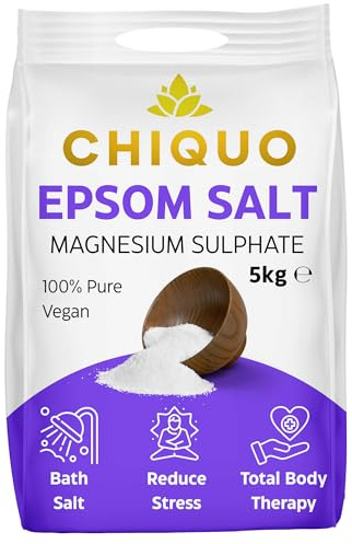 Chiquo Epsom Salt 5kg | 100% Pure Magnesium Sulphate Crystals | Bath Soak, Muscle Recovery, Foot Care | Premium Grade for Body Relaxation, Beauty, Garden Use - Resealable Seal Lock Packaging