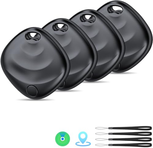 Hoxe Tracker Tags-4 Pack (iOS Only), Smart Tag Key Finder for Bag, Luggage | [MFi Certified] Wireless Bluetooth Tracker Tag for Apple Find My, Replaceable Battery, 100dB Sound, IP67 Waterproof, Black
