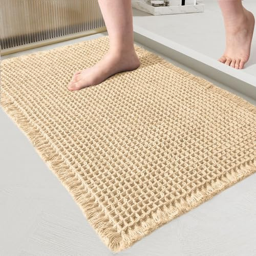 Swsen Waffel-Badematte aus Baumwolle, rutschfeste Badezimmermatte, saugfähig und schnelltrocknend, waschbarer Badteppich für Dusche und Bad, Gelb, 40 x 60 cm