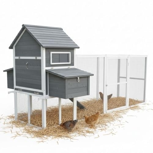 Melko Hühnerstall Hühnerhaus XXL mit Freilaufgehege 310x150x150 cm Holz | fuchssicher durch verzinktes verstärktes Metallgitter, 2 Nestboxen mit 4 Legenestern, Holzrampe, Reinigungsschublade, Grau