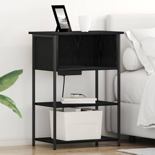 kithwjll Nachttisch Schwarz Eichen-Optik, 55x31x76 cm Beistelltisch mit 3 Regalen, Nachtkästchen mit Ladestation für Schlafzimmer, Robustes Holzwerkstoff Modern Farmhouse Design