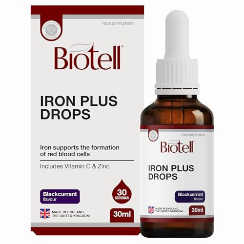Biotell Liquid Iron Drops 30ml – Gentle Liquid Iron Supplement with Vitamin C & Zinc – Helps Reduce Tiredness & Support Energy, Red Blood Cells & Immunity – Easy Absorption Iron Drops