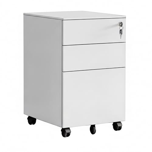 Relaxdays Rollcontainer, 3 Schubladen, HxBxT: 60 x 39 x 52 cm, abschließbar, Aktenschrank auf Rollen, Metall, weiß